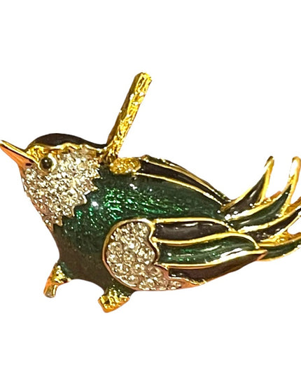 Vintage Dorlan Gold Finish enameled Bird brooch crystal rhinestones