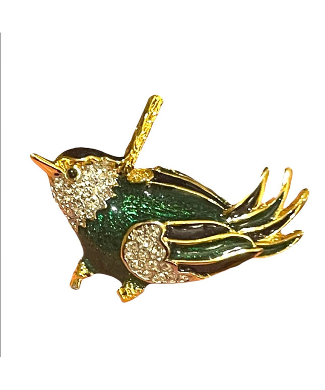 Vintage Dorlan Gold Finish enameled Bird brooch crystal rhinestones