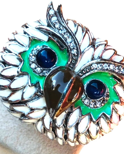 Vintage Owl Enamel Sterling silver crystal ring