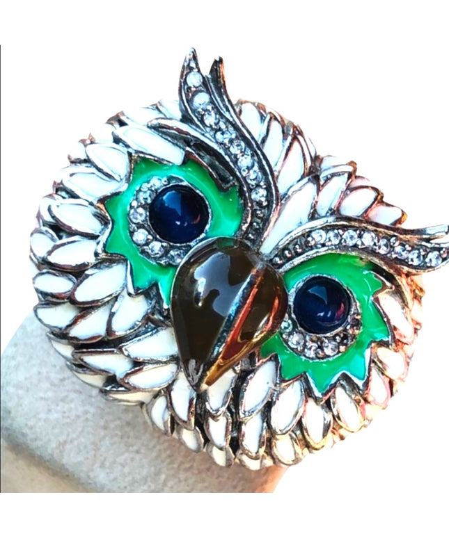 Vintage Owl Enamel Sterling silver crystal ring