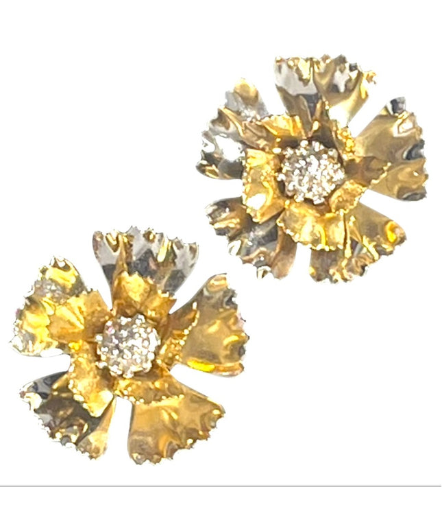 Vintage gold & silver fancy metal flower clip on earrings