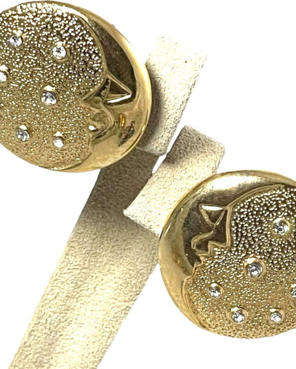 Vintage 1980s Gold crystal rhinestone MOON button clip on earrings BUTLER FAC