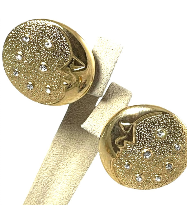Vintage 1980s Gold crystal rhinestone MOON button clip on earrings BUTLER FAC
