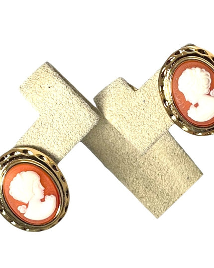 1980s gold finish high fashion faux resin cameo pierced earrings