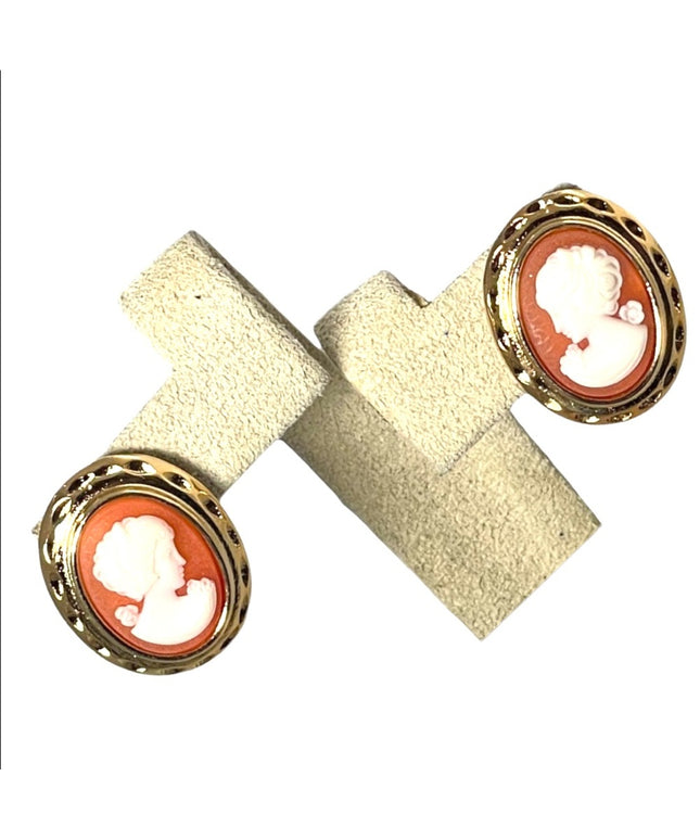 1980s gold finish high fashion faux resin cameo pierced earrings