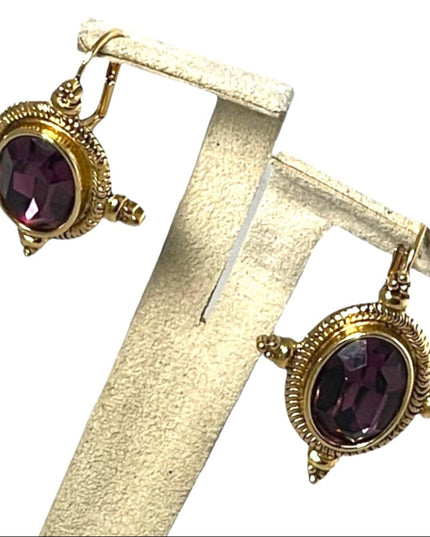 VTG High fashion gold finish purple glass magestic dangle earrings