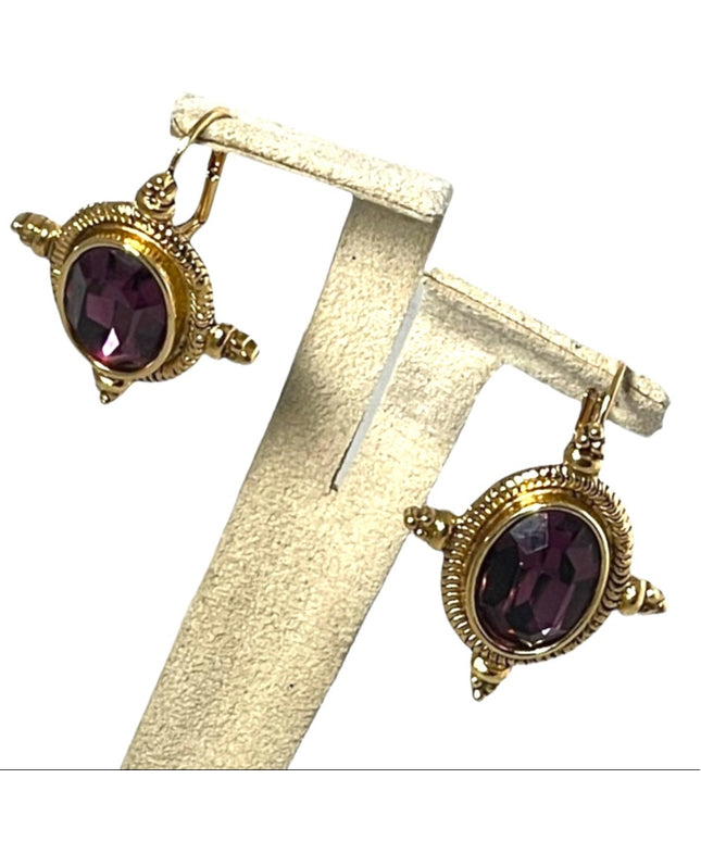 VTG High fashion gold finish purple glass magestic dangle earrings