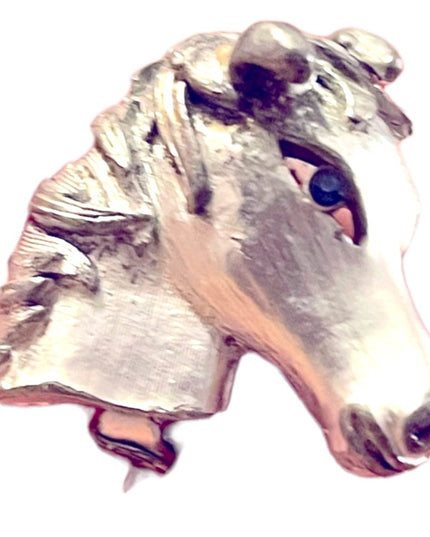 Vintage antiqued silver finish blue crystal eye horse brooch