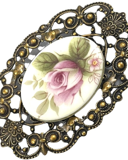 Vintage ceramic cameo flower brooch ornate Victorian LOOK  large