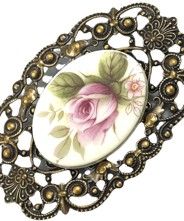 Vintage ceramic cameo flower brooch ornate Victorian LOOK  large