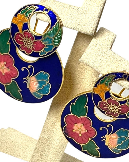 Vintage cloissone gold enameled butterfly flower dangle fancy earrings large