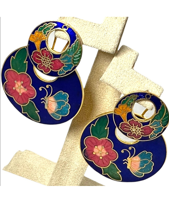 Vintage cloissone gold enameled butterfly flower dangle fancy earrings large