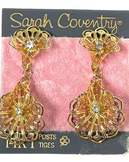 Vintage Sarah Coventry gold filagree dangle flower earrings w/14k post
