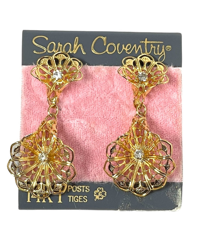 Vintage Sarah Coventry gold filagree dangle flower earrings w/14k post