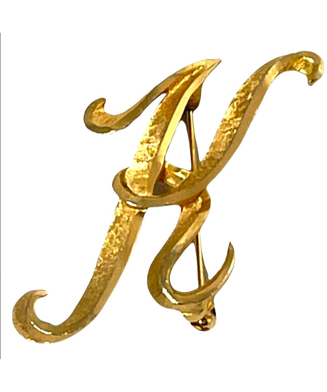 Vintage brushed gold Mamselle large K brooch