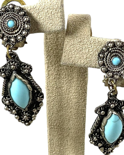Antique Egyptian Revival 900 Silver dangle turquois clip on earrings
