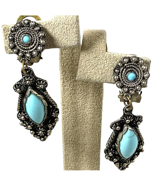 Antique Egyptian Revival 900 Silver dangle turquois clip on earrings
