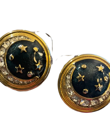 Vintage 1980s Moon & Stars Gold finish enameled rhinestone chunky clip earrings