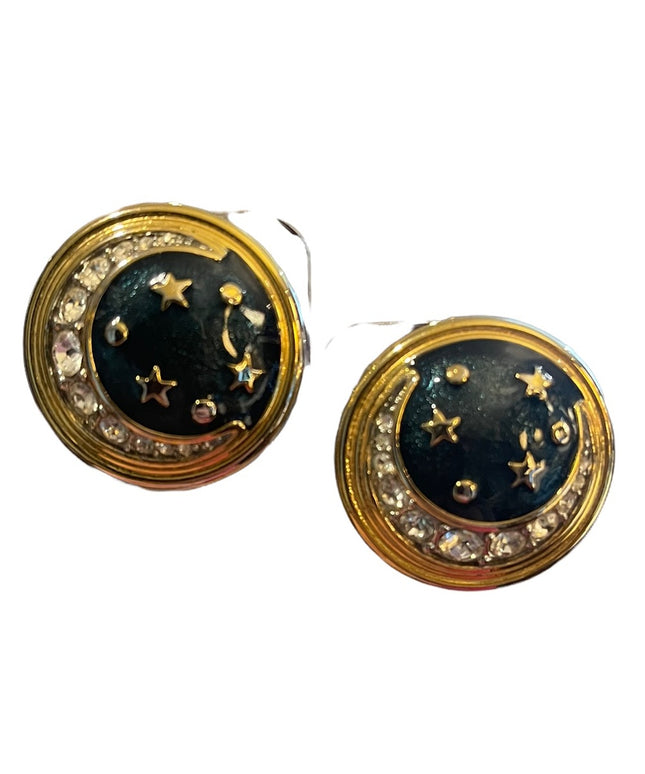 Vintage 1980s Moon & Stars Gold finish enameled rhinestone chunky clip earrings