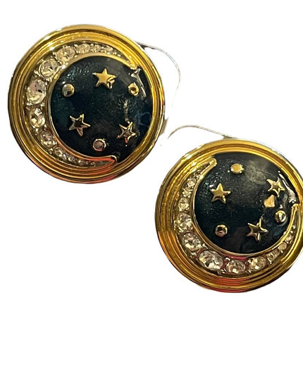 Vintage 1980s Moon & Stars Gold finish enameled rhinestone chunky clip earrings