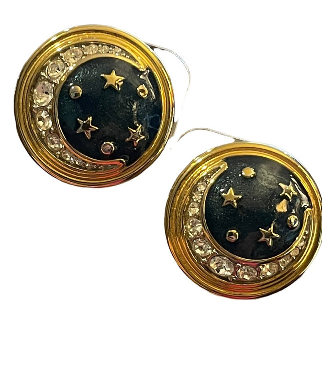 Vintage 1980s Moon & Stars Gold finish enameled rhinestone chunky clip earrings