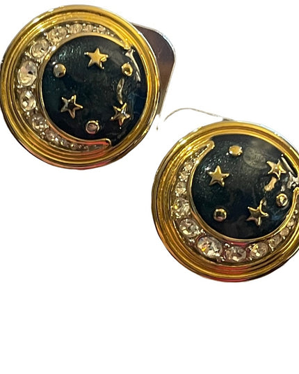 Vintage 1980s Moon & Stars Gold finish enameled rhinestone chunky clip earrings