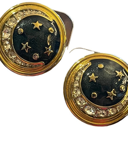Vintage 1980s Moon & Stars Gold finish enameled rhinestone chunky clip earrings