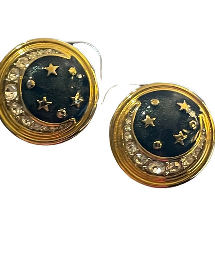 Vintage 1980s Moon & Stars Gold finish enameled rhinestone chunky clip earrings