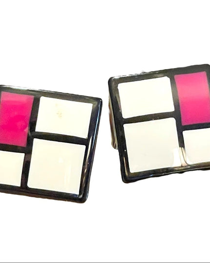 Vintage Geometric fancy resin Lucite 1970s pink black white square earrings