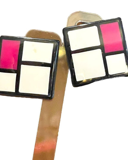 Vintage Geometric fancy resin Lucite 1970s pink black white square earrings