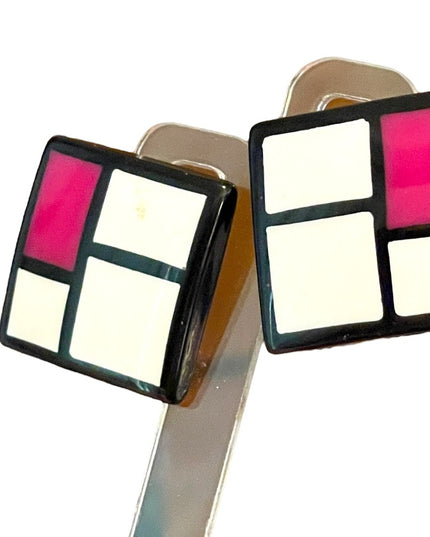 Vintage Geometric fancy resin Lucite 1970s pink black white square earrings