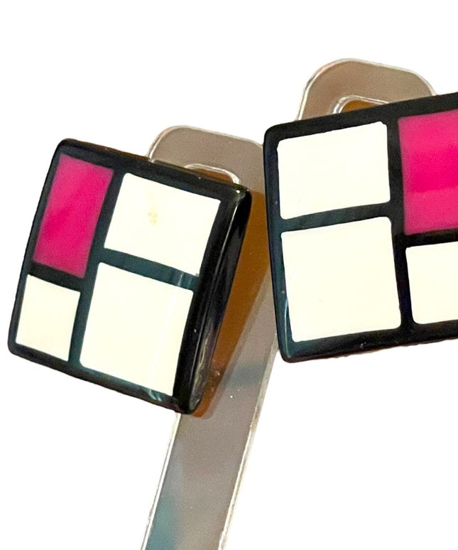 Vintage Geometric fancy resin Lucite 1970s pink black white square earrings