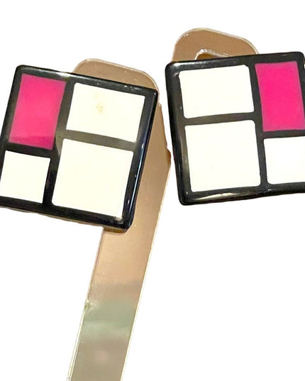 Vintage Geometric fancy resin Lucite 1970s pink black white square earrings