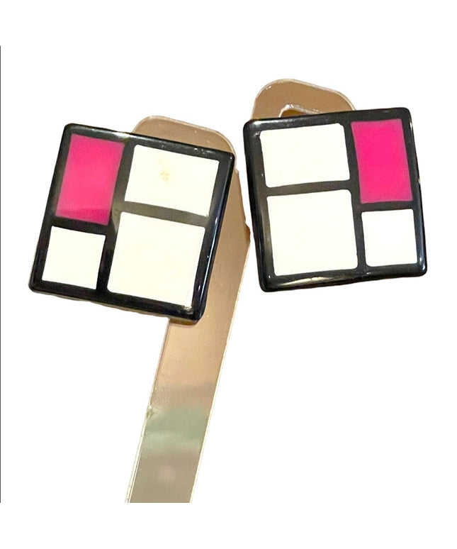 Vintage Geometric fancy resin Lucite 1970s pink black white square earrings