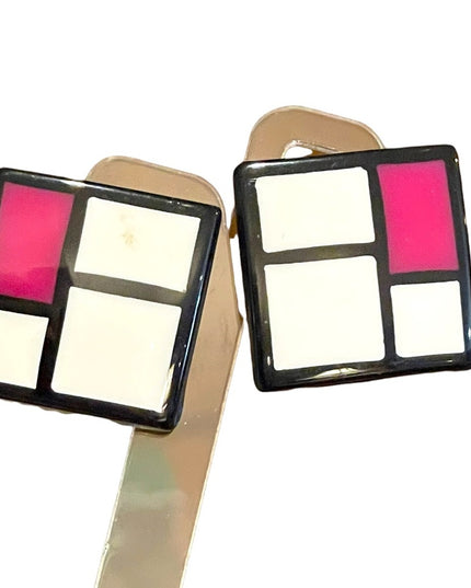 Vintage Geometric fancy resin Lucite 1970s pink black white square earrings