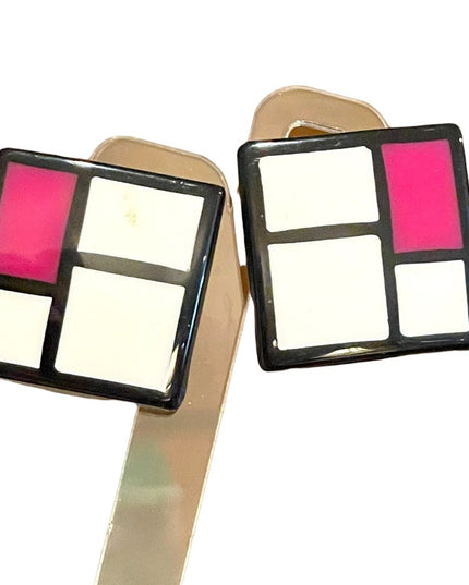 Vintage Geometric fancy resin Lucite 1970s pink black white square earrings