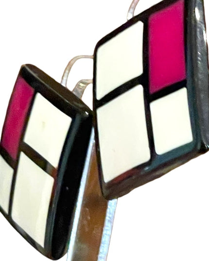 Vintage Geometric fancy resin Lucite 1970s pink black white square earrings