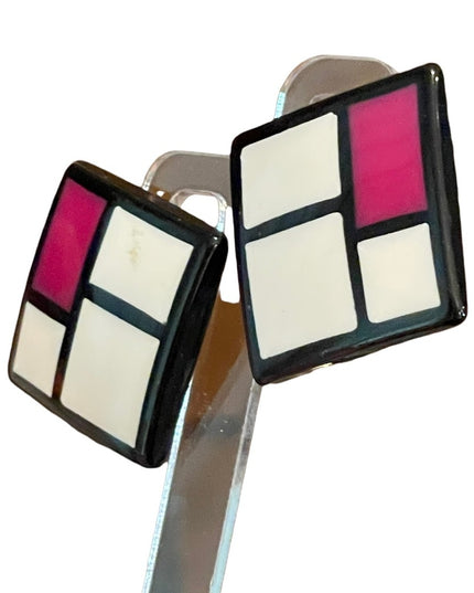Vintage Geometric fancy resin Lucite 1970s pink black white square earrings