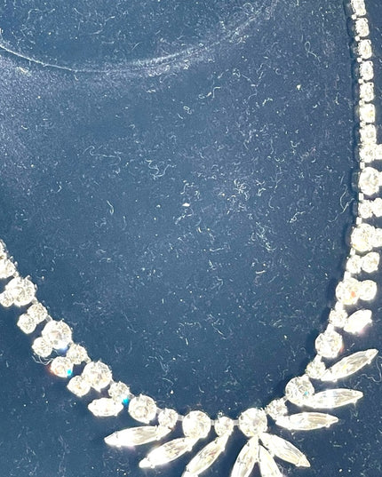 Vintage 1950s Clear crystal SHERMAN silver finish fancy crystal necklace wedding