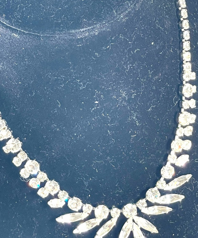 Vintage 1950s Clear crystal SHERMAN silver finish fancy crystal necklace wedding