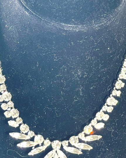 Vintage 1950s Clear crystal SHERMAN silver finish fancy crystal necklace wedding