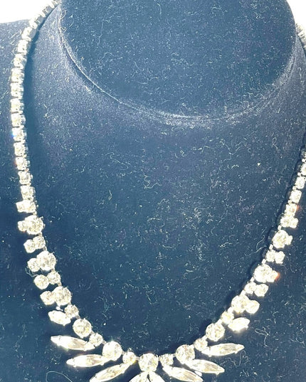Vintage 1950s Clear crystal SHERMAN silver finish fancy crystal necklace wedding