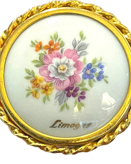 Antique Limoges porcelin Hand painted flowers gold finish round brooch appx 1920