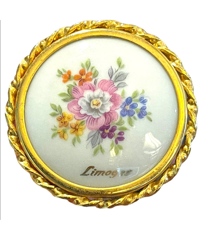 Antique Limoges porcelin Hand painted flowers gold finish round brooch appx 1920