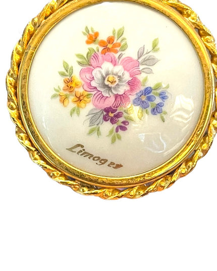 Antique Limoges porcelin Hand painted flowers gold finish round brooch appx 1920