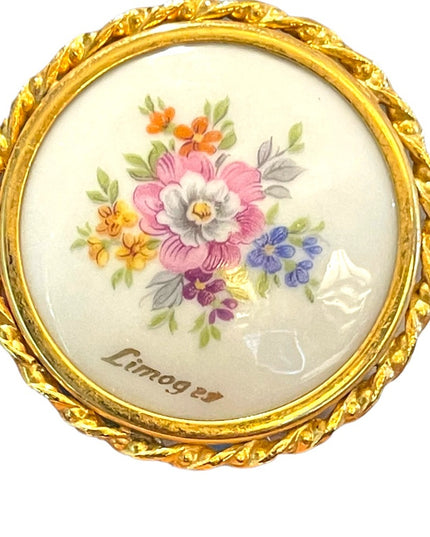 Antique Limoges porcelin Hand painted flowers gold finish round brooch appx 1920