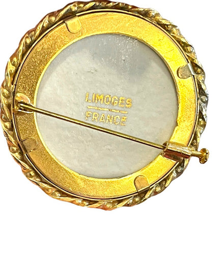 Antique Limoges porcelin Hand painted flowers gold finish round brooch appx 1920