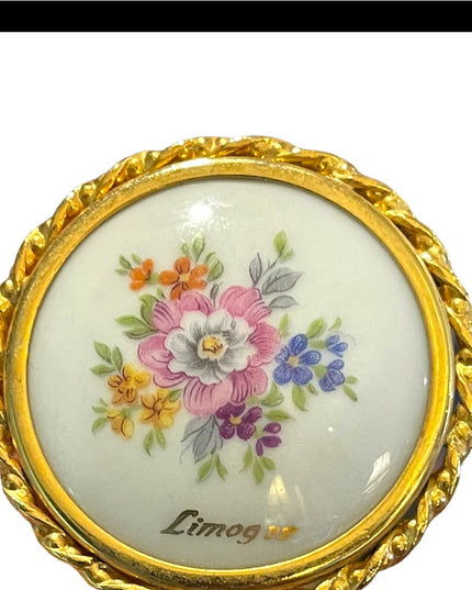 Antique Limoges porcelin Hand painted flowers gold finish round brooch appx 1920