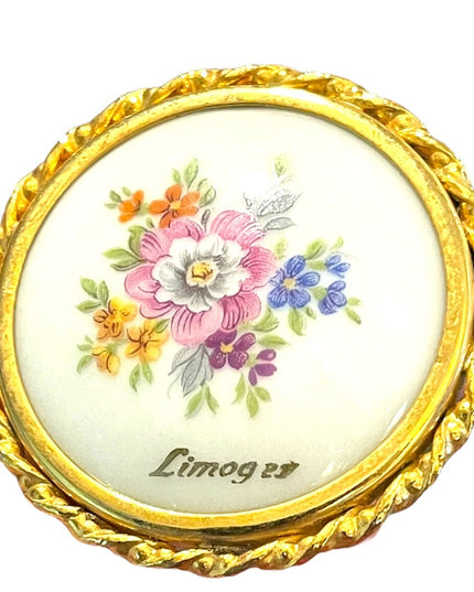 Antique Limoges porcelin Hand painted flowers gold finish round brooch appx 1920