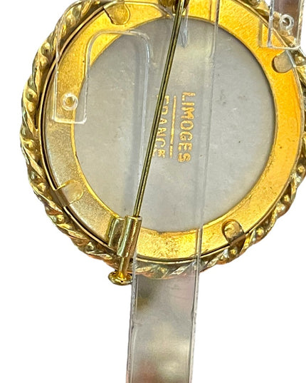 Antique Limoges porcelin Hand painted flowers gold finish round brooch appx 1920